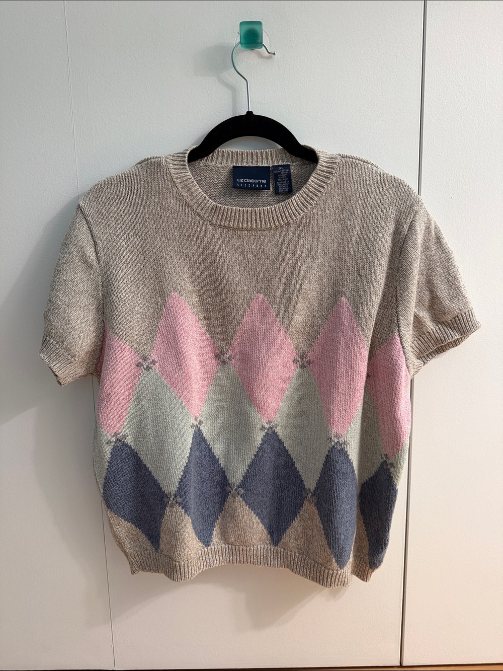 Liz Claiborne Short-Sleeve Argyle Crewneck Sweater - Pink, Light Green & Navy